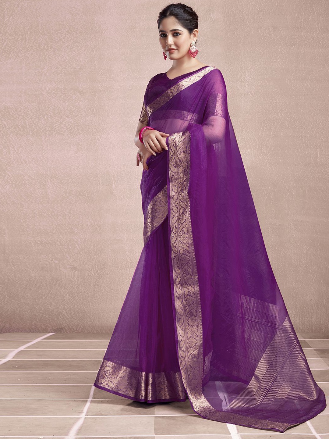 

KALINI Woven Design Zari Organza Dabu Saree, Purple