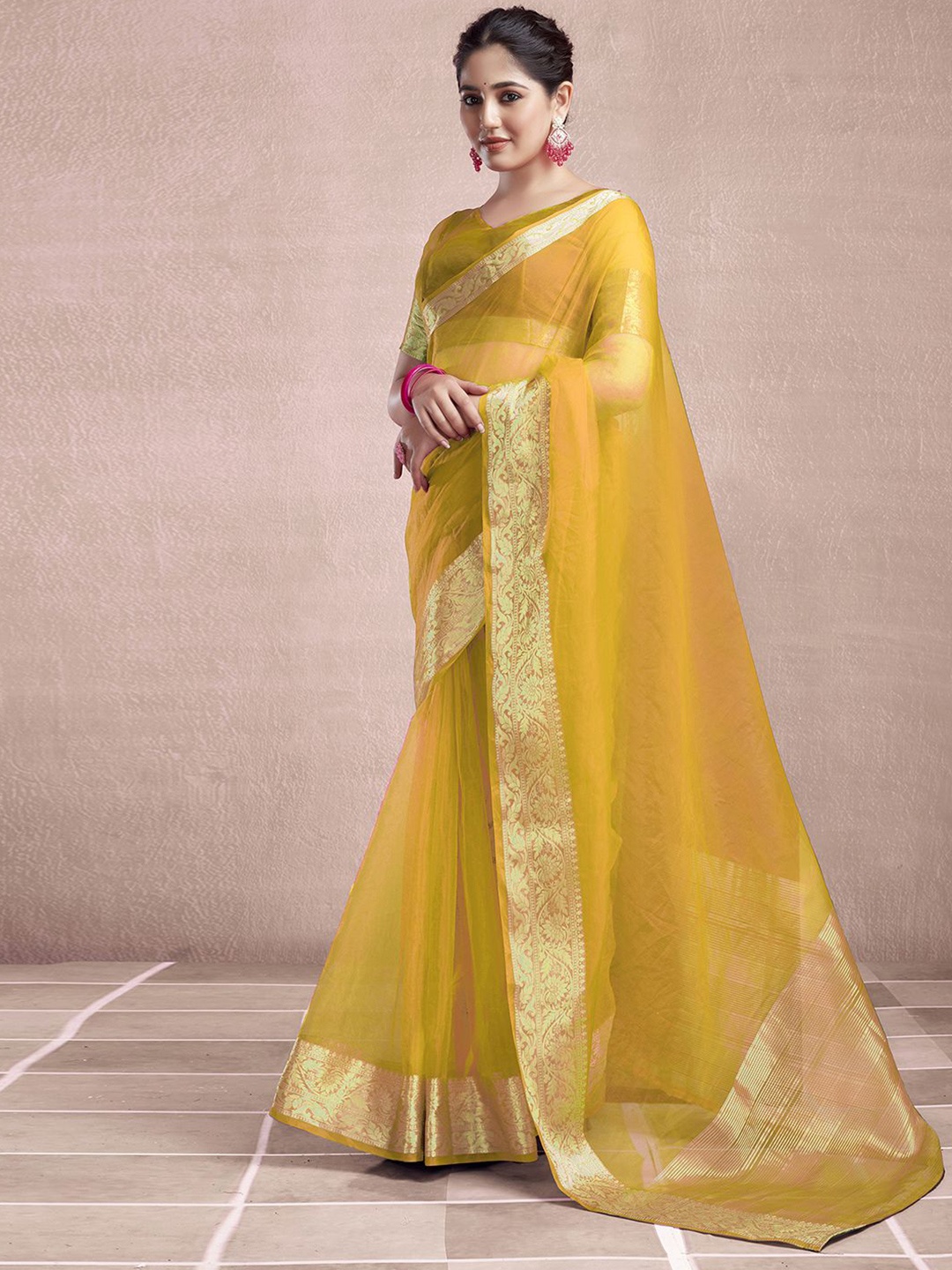 

KALINI Zari Organza Dabu Saree, Yellow