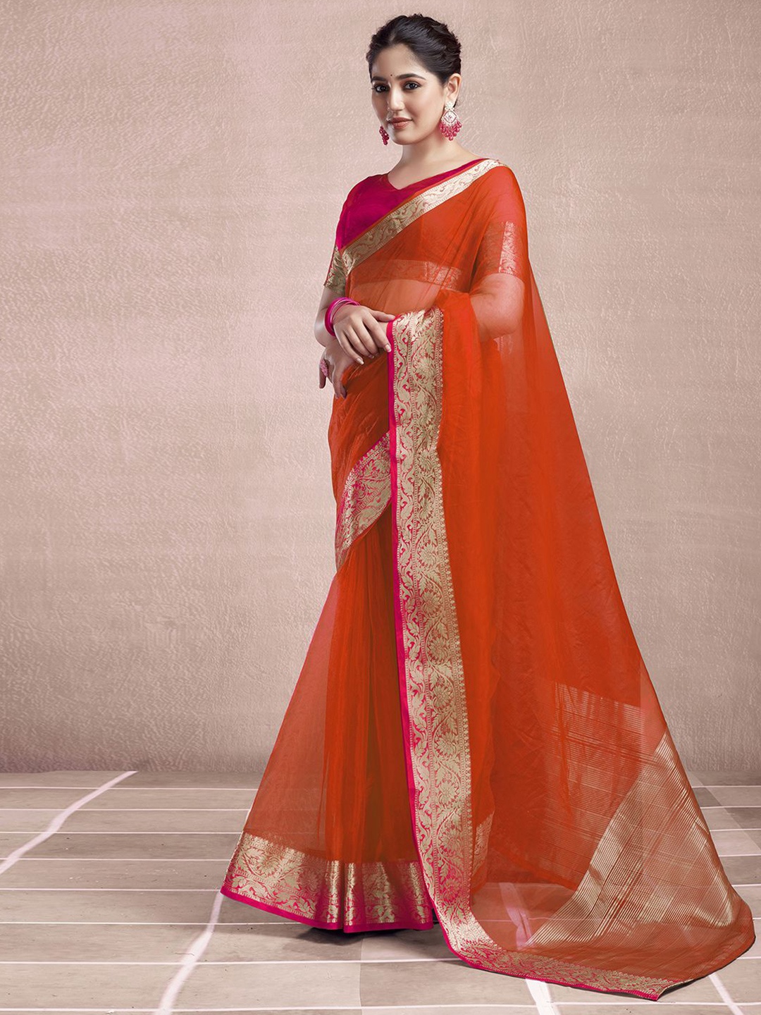

KALINI Zari Organza Dabu Saree, Orange