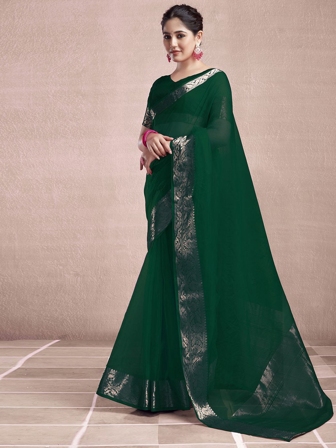 

KALINI Zari Organza Dabu Saree, Green