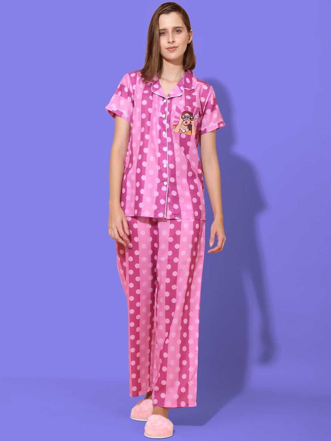 

She N She Polka Dots Printed Night suit, Pink