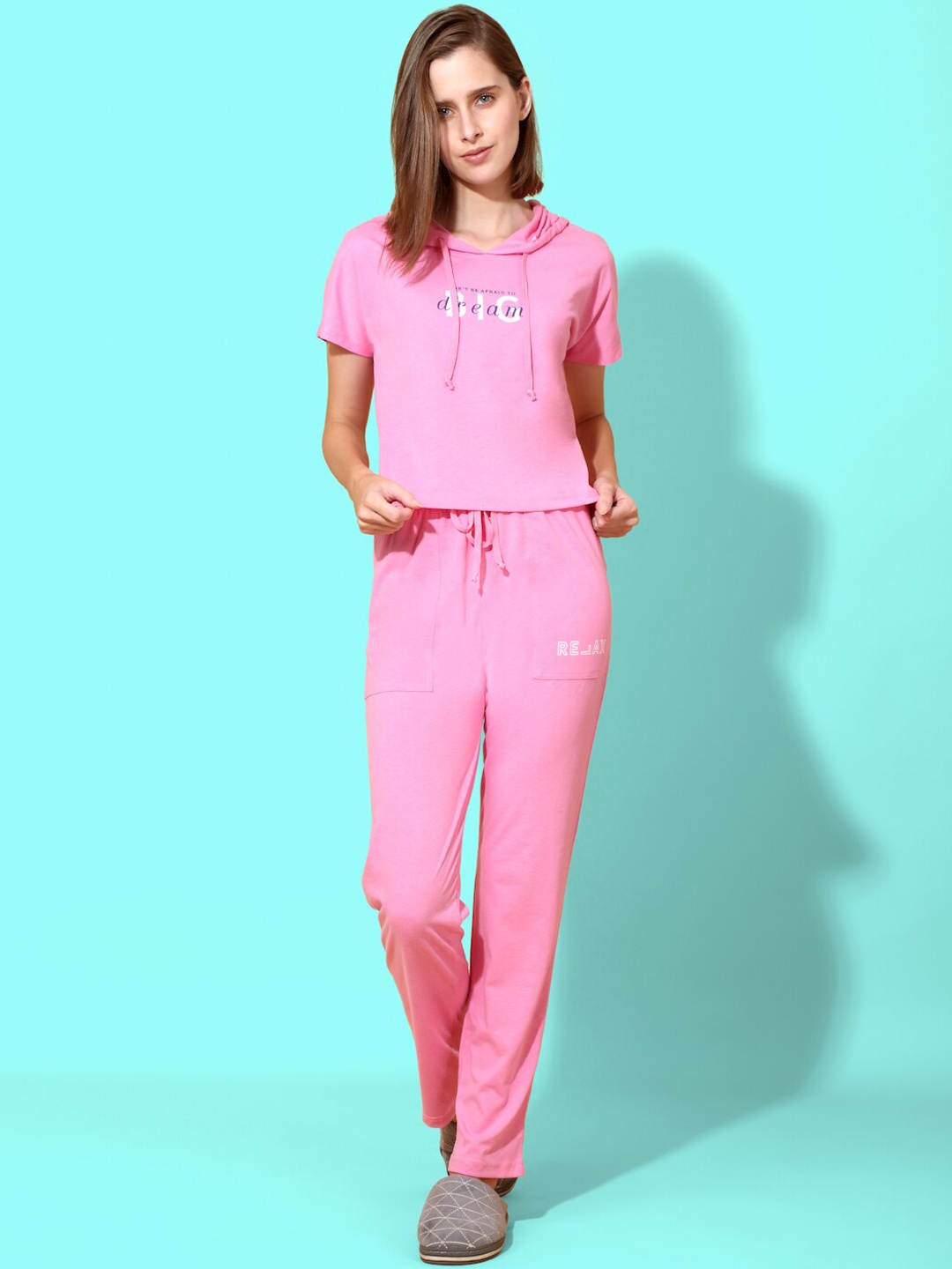 

She N She Typography Printed Night suit With Shorts, Pink