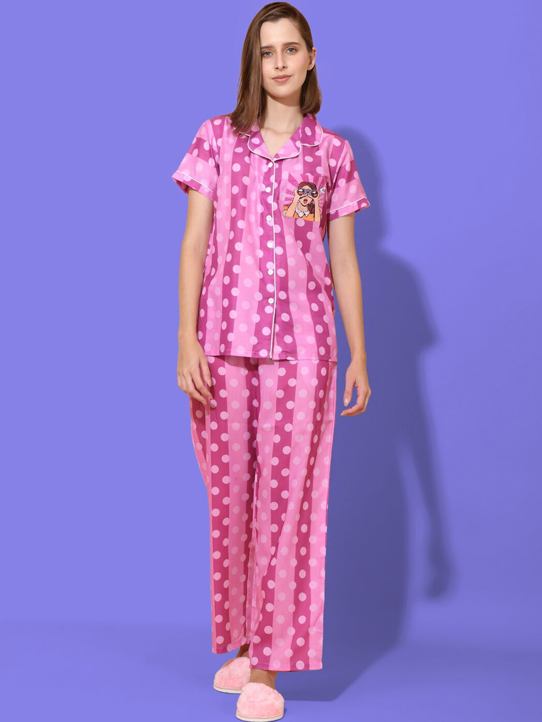 

She N She Polka Dot Printed Night Suit, Pink