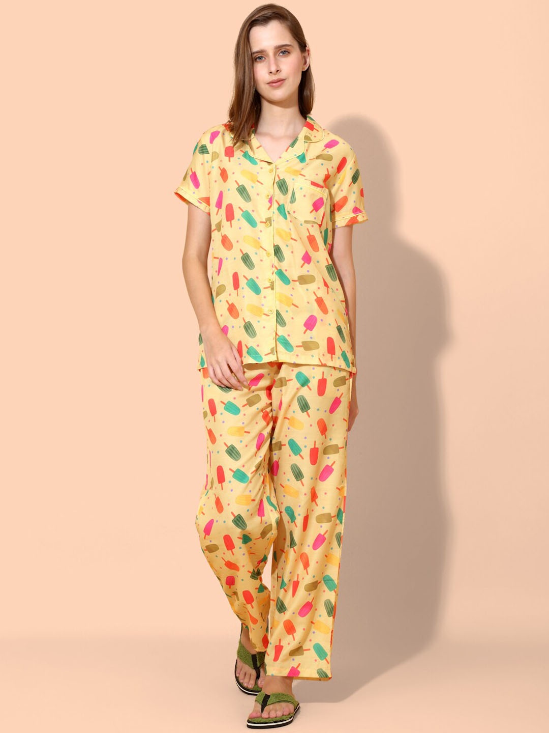 

She N She Conversational Printed Night Suit, Cream