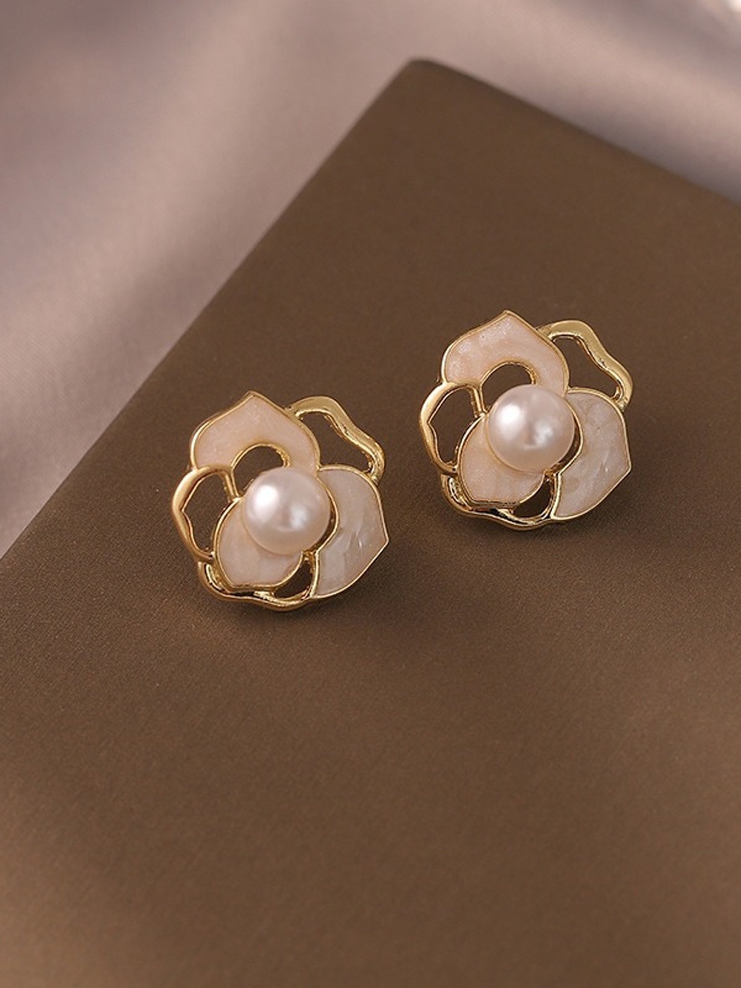 

MYKI Gold-Plated Artificial Beads Beaded Floral Studs Earrings, Off white