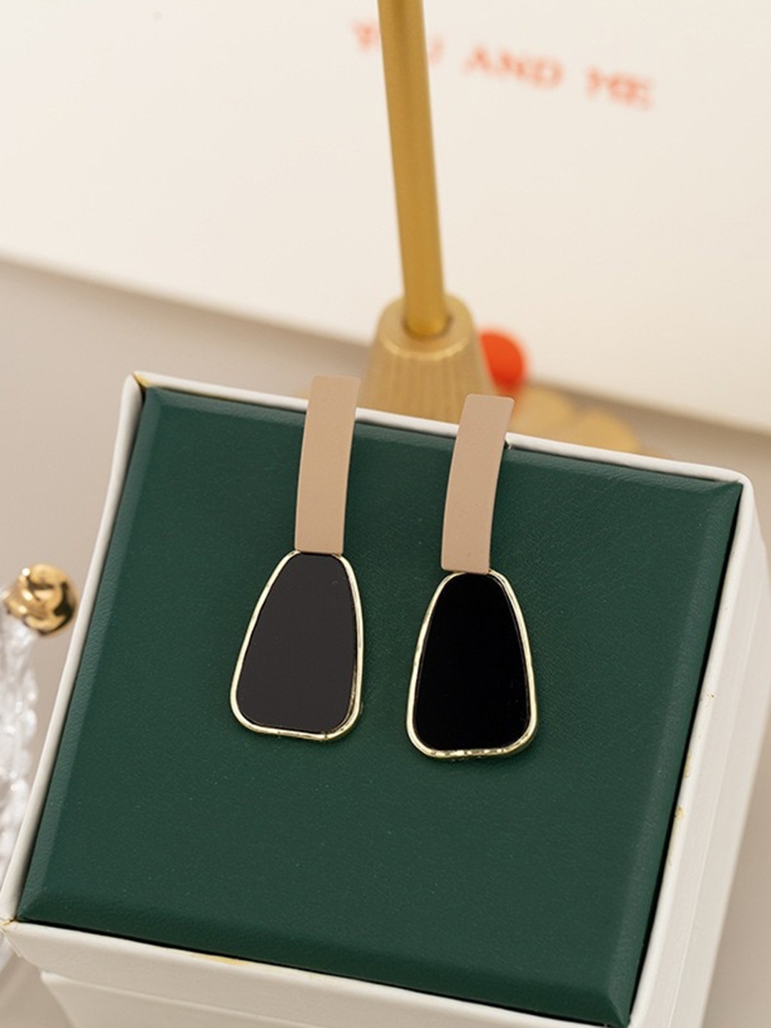 MYKI Gold-Plated Contemporary Drop Earrings, Black
