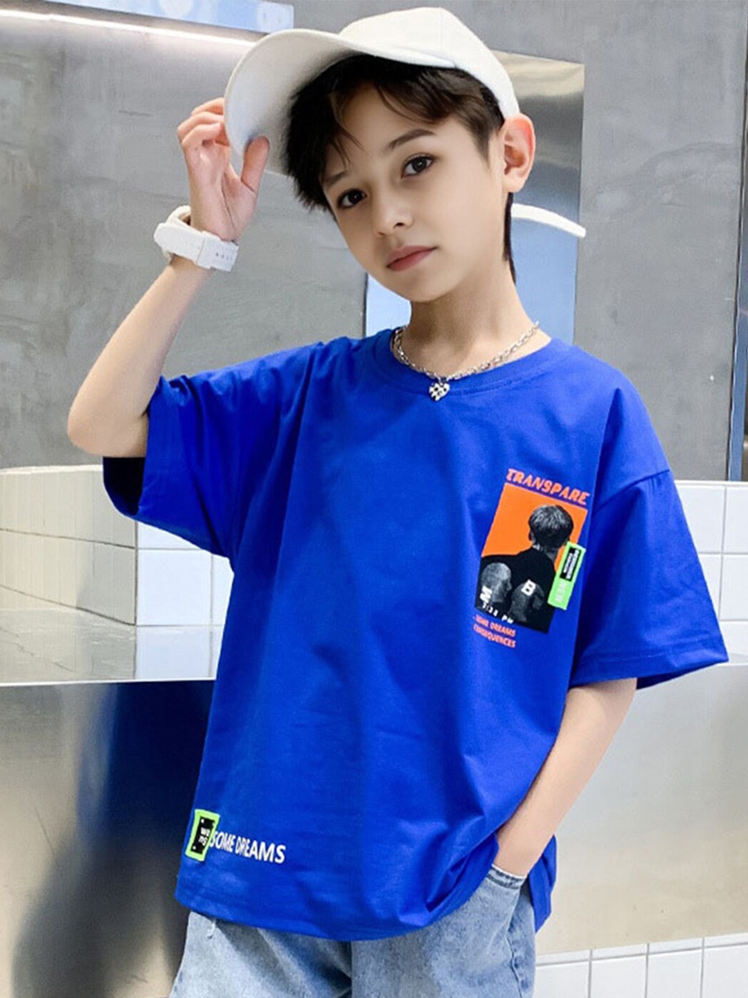 

INCLUD Boys Typography Printed Drop-Shoulder Sleeves Cotton Oversized T-shirt, Blue