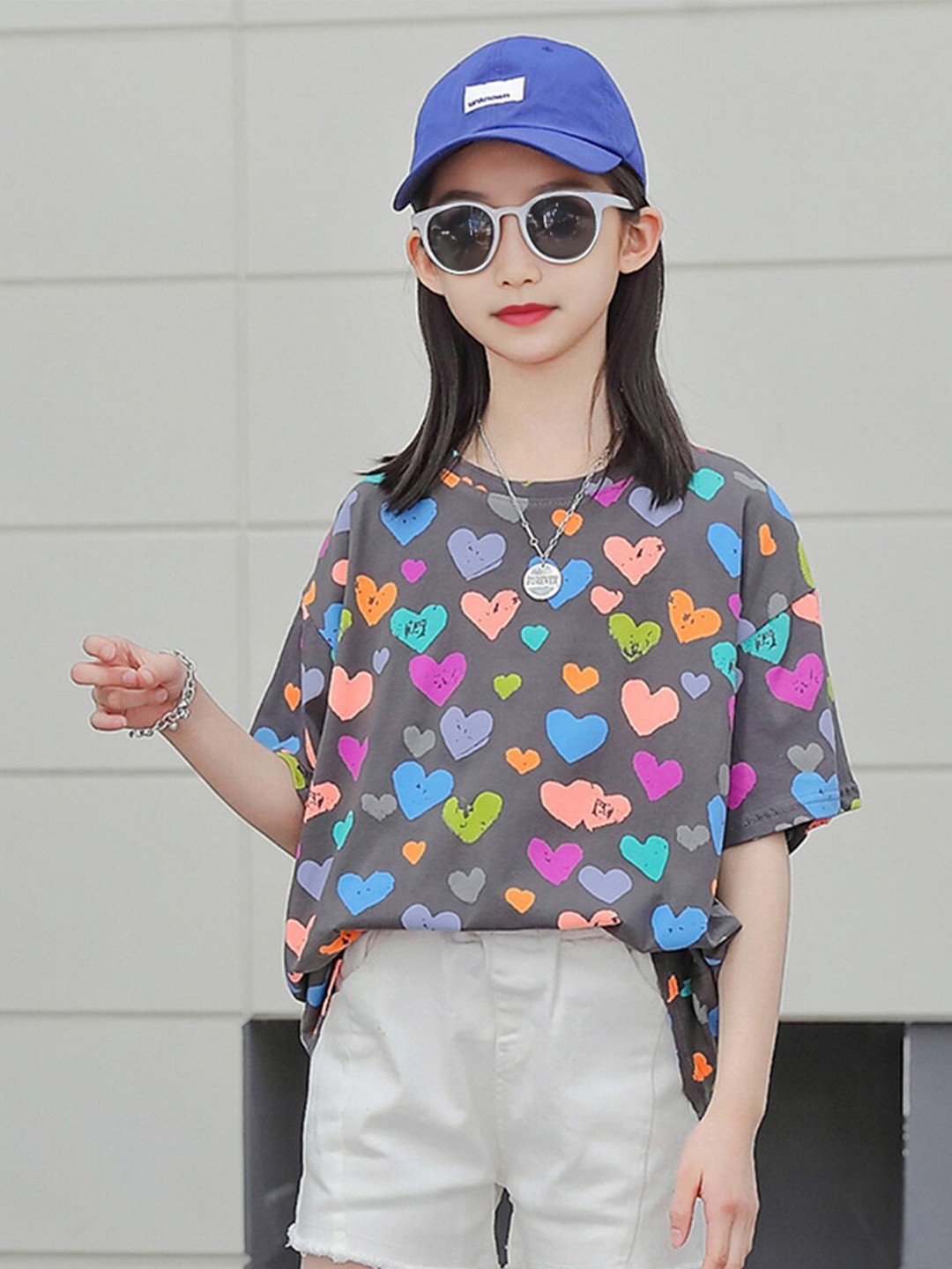 

INCLUD Girls Conversational Printed Drop-Shoulder Sleeves Oversized Cotton T-shirt, Grey