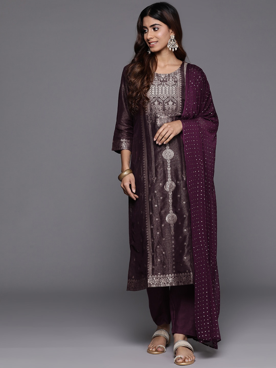 

Mitera Ethnic Motifs Printed Round Neck Straight Kurta with Trousers & Dupatta, Purple