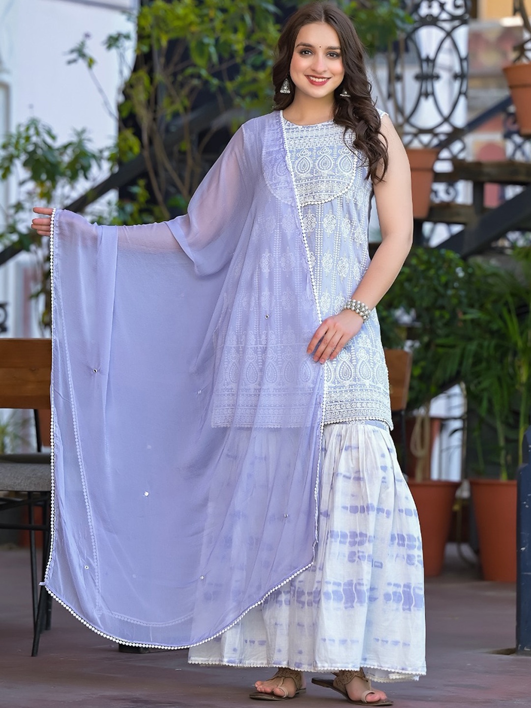 

Mitera Round Neck Embroidered Regular Thread Work Kurta with Sharara & With Dupatta, Lavender