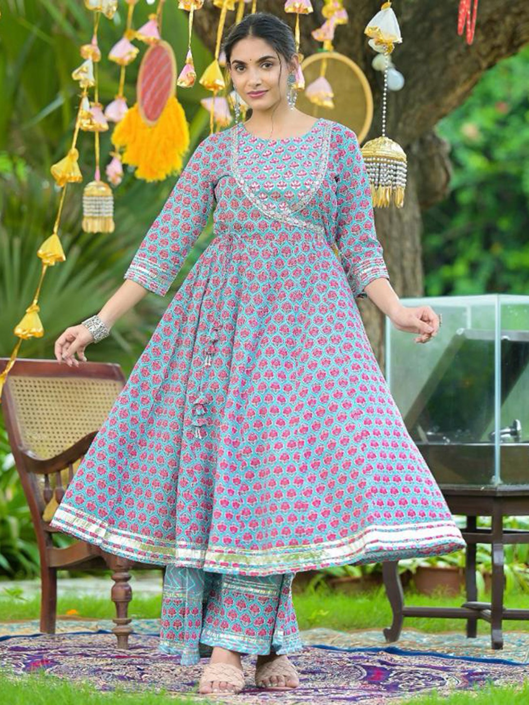 

Mitera Ethnic Motifs Angrakha Gotta Patti Pure Cotton Kurta With Palazzos & Dupatta, Blue