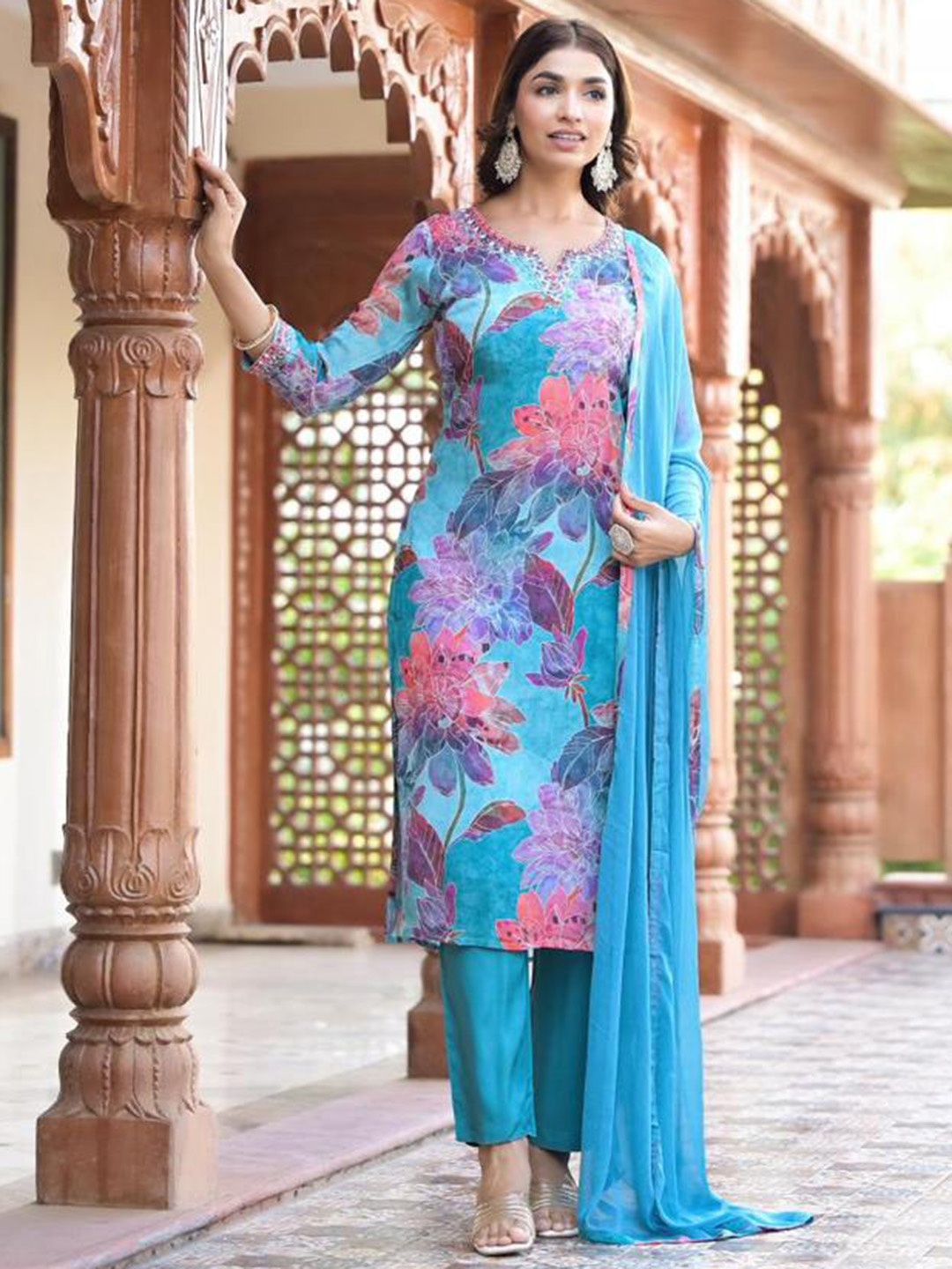 

Mitera Floral Embroidered Notched Neck Straight Kurta with Trousers & Dupatta, Turquoise blue