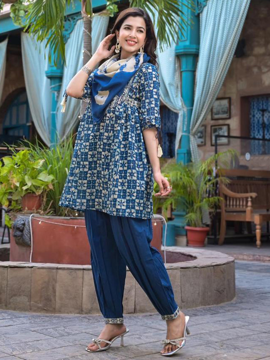 

Mitera Floral Empire Mirror Work Pure Cotton A-Line Kurti with Salwar & Dupatta, Blue
