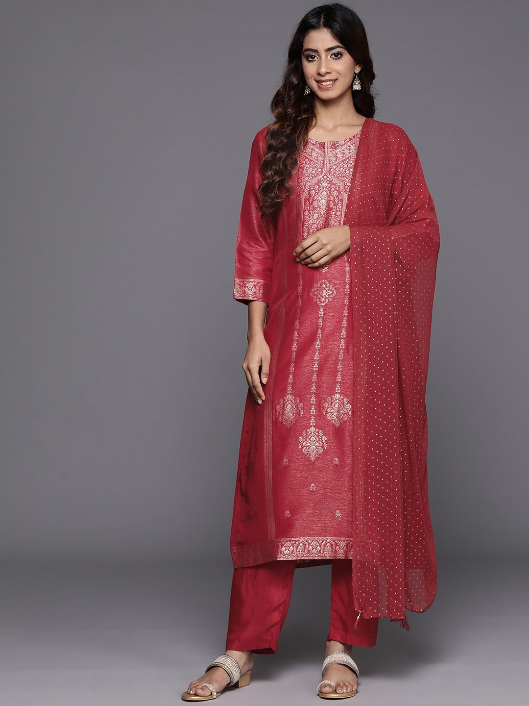 

Mitera Ethnic Motifs Printed Straight Kurta with Trousers & With Dupatta, Rust