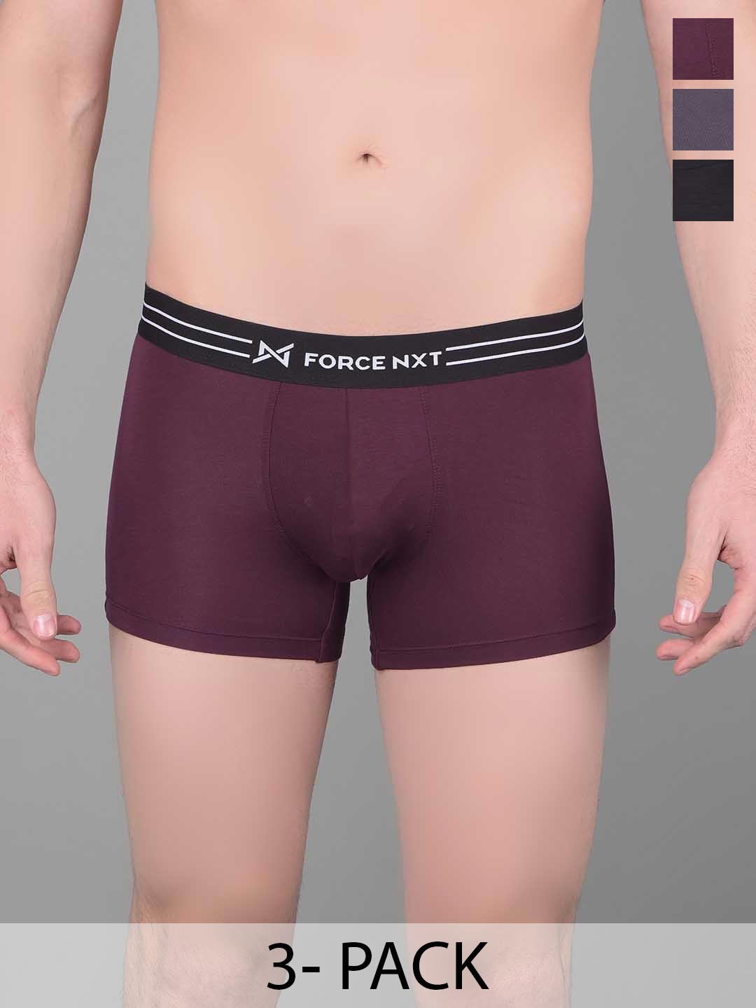 

Force NXT Pack of 3 Printed Cotton Ultra Soft Trunks MNFS-21-RRSN-GM-BLK-PO3, Purple