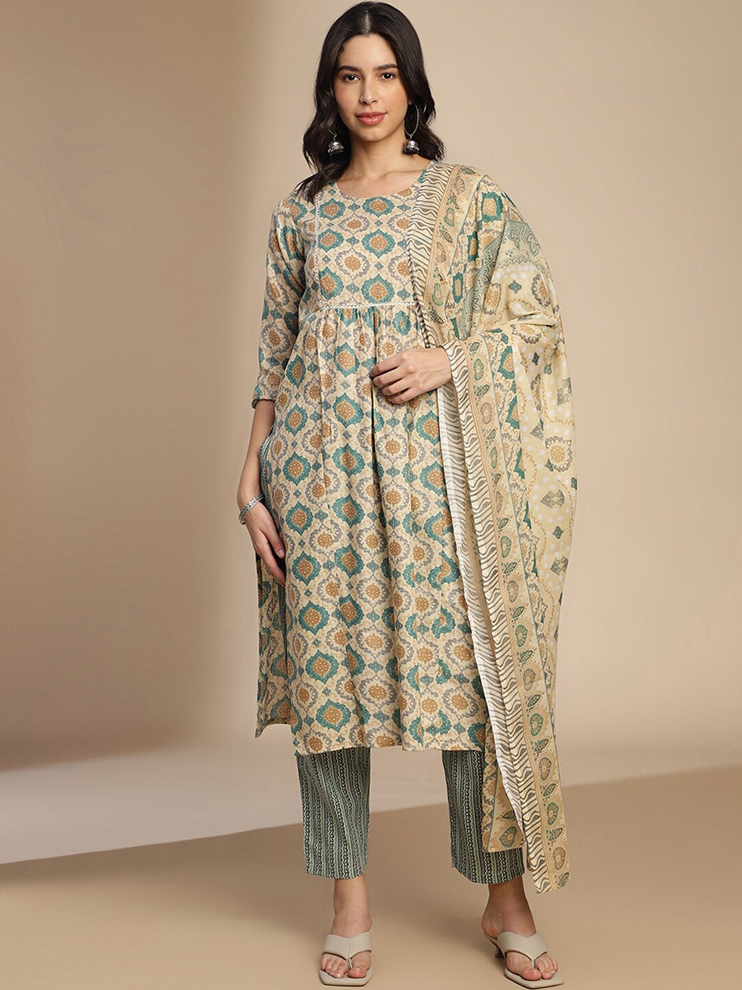 

KALINI Floral Printed Regular Thread Work A-Line Kurta with Trousers & With Dupatta, Beige