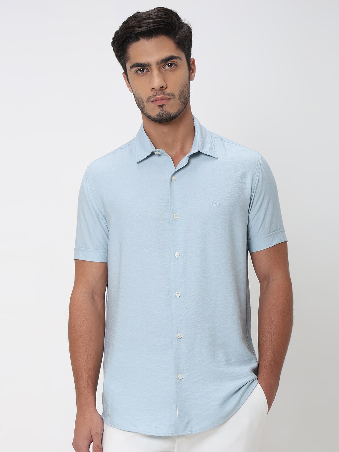 Mufti Slim Fit Textured Self Design Casual Shirt, Blue