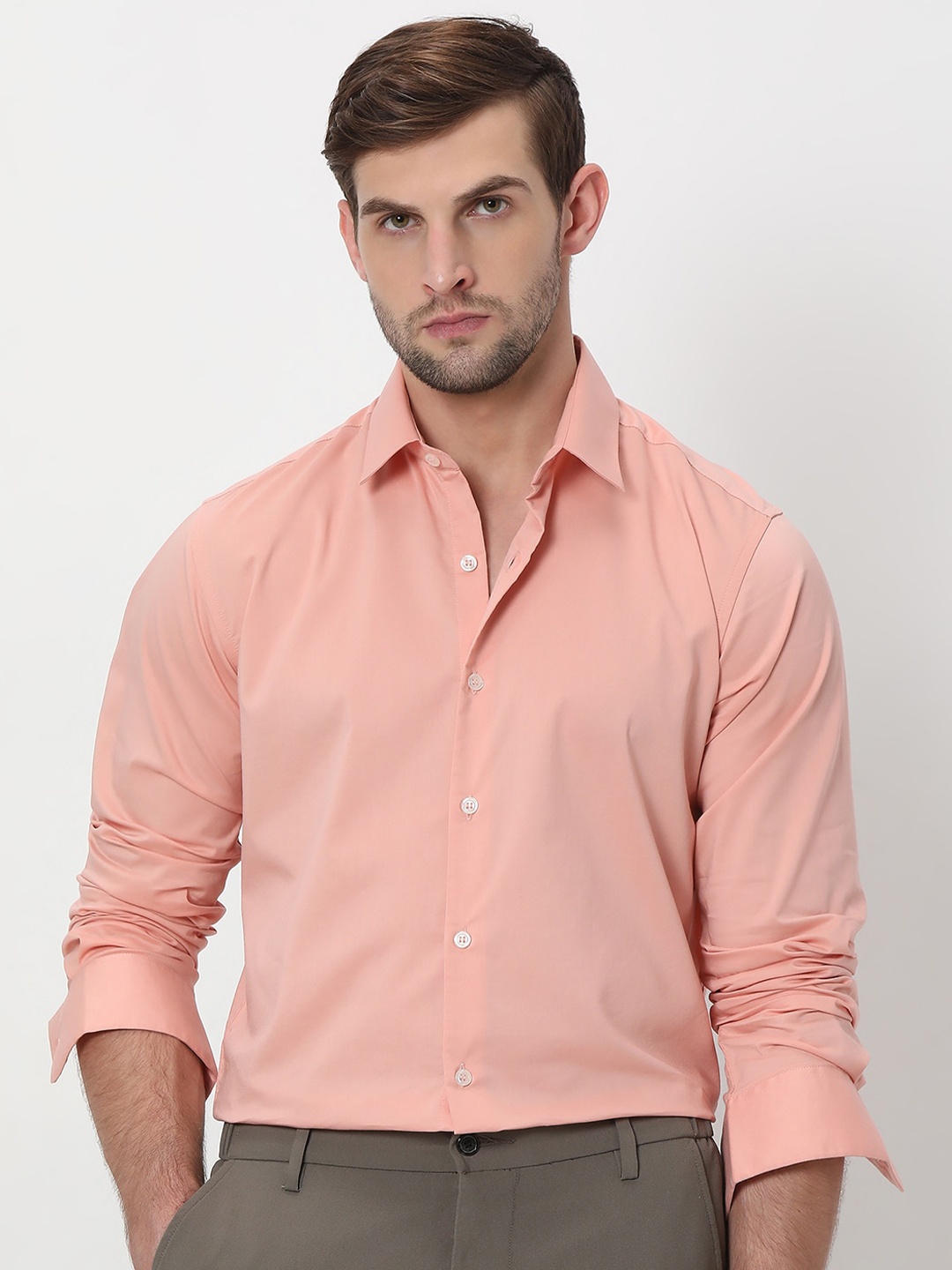 Mufti Spread Collar Slim Fit Formal Shirt, Pink