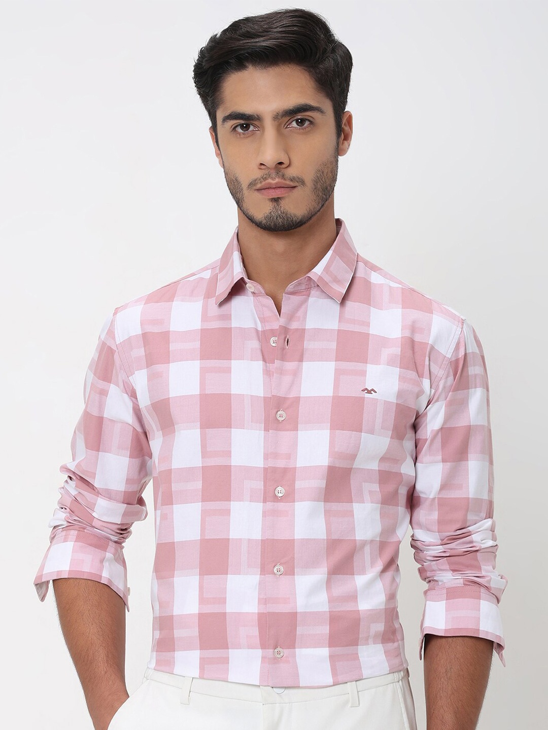 Mufti Slim Fit Buffalo Checked Cotton Casual Shirt, Pink