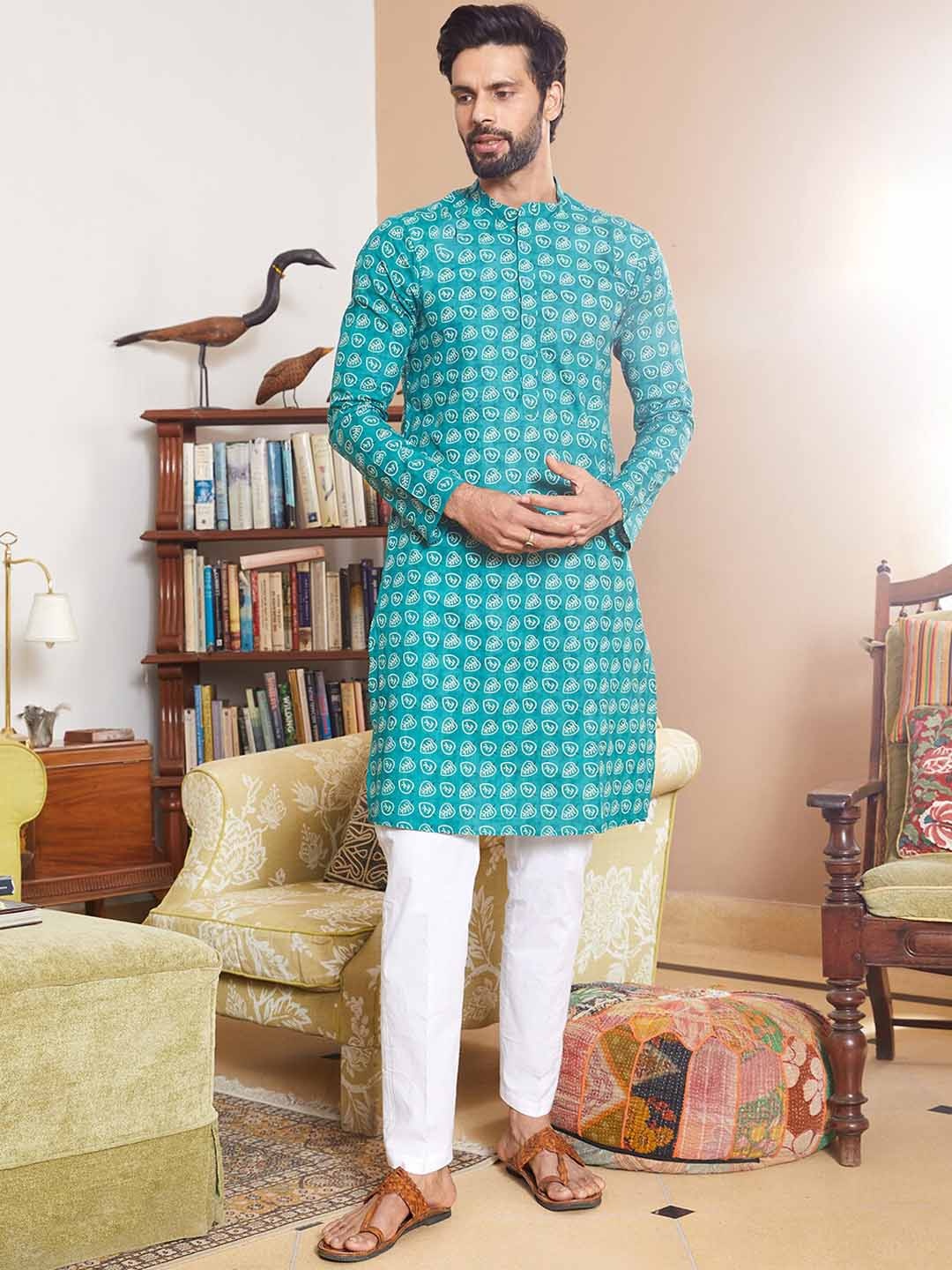 

See Designs Mandarin Collar Long Sleeves Floral Printed Straight Kurta with Pyjama, Sea green