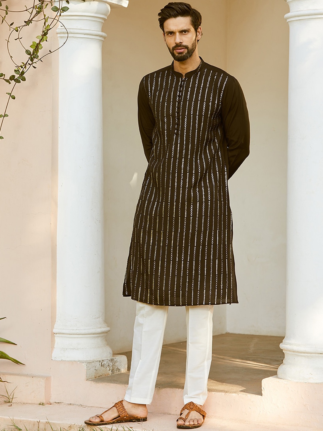 

See Designs Regular Sequinned Chanderi Silk Kurta with Pyjamas, Black