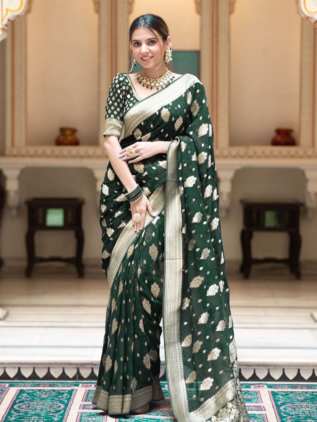 

TIEXA Ethnic Motifs Zari Pure Cotton Banarasi Saree, Green