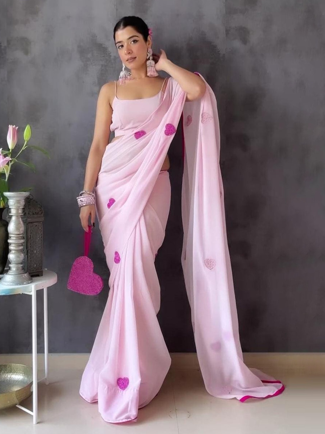 

TIEXA Embellished Pure Georgette Saree, Pink