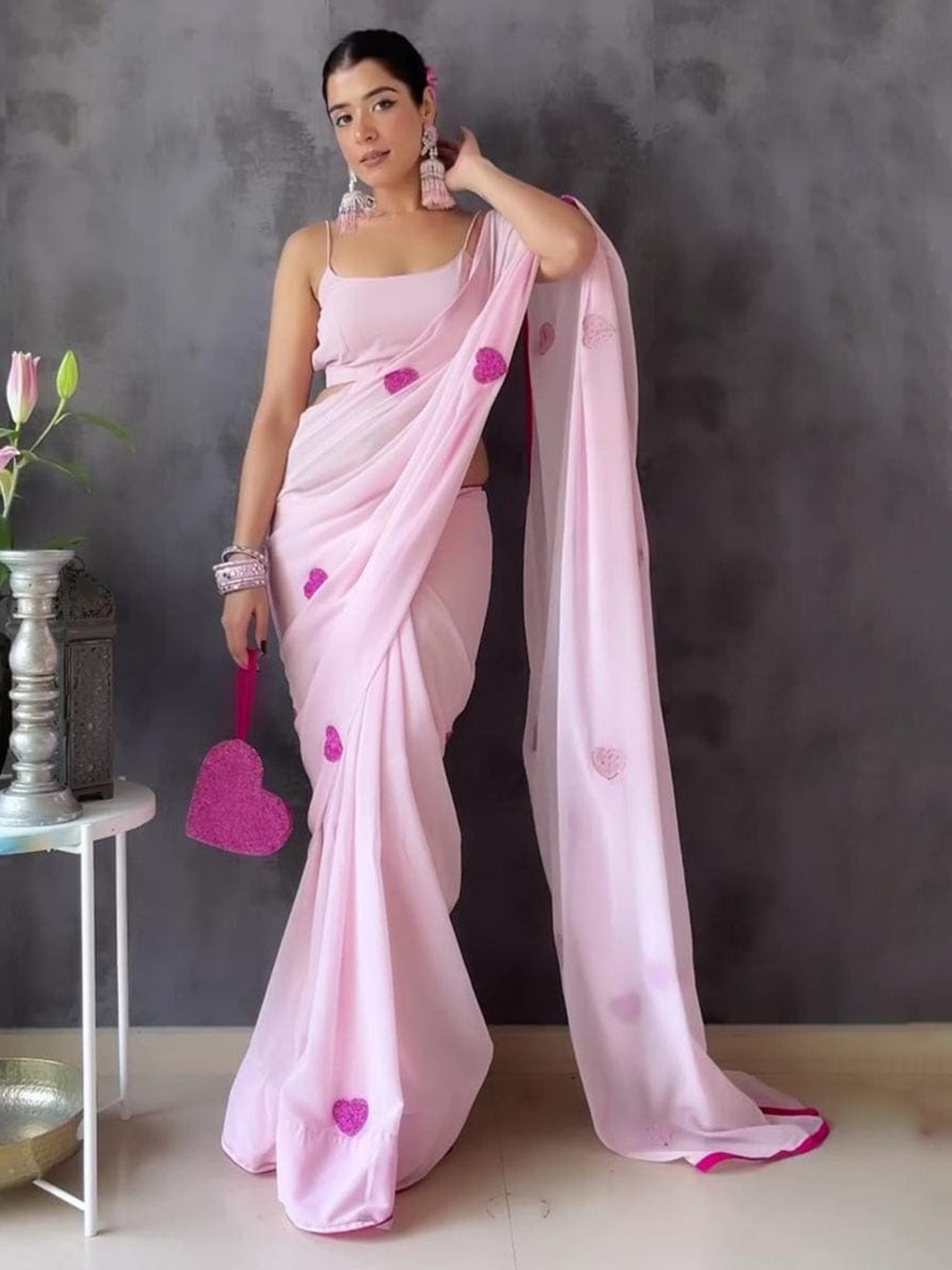 

TIEXA Embellished Pure Georgette Saree, Pink