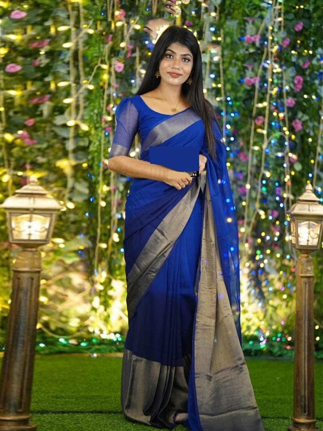 TIEXA Zari Art Silk Ready to Wear Saree, Blue