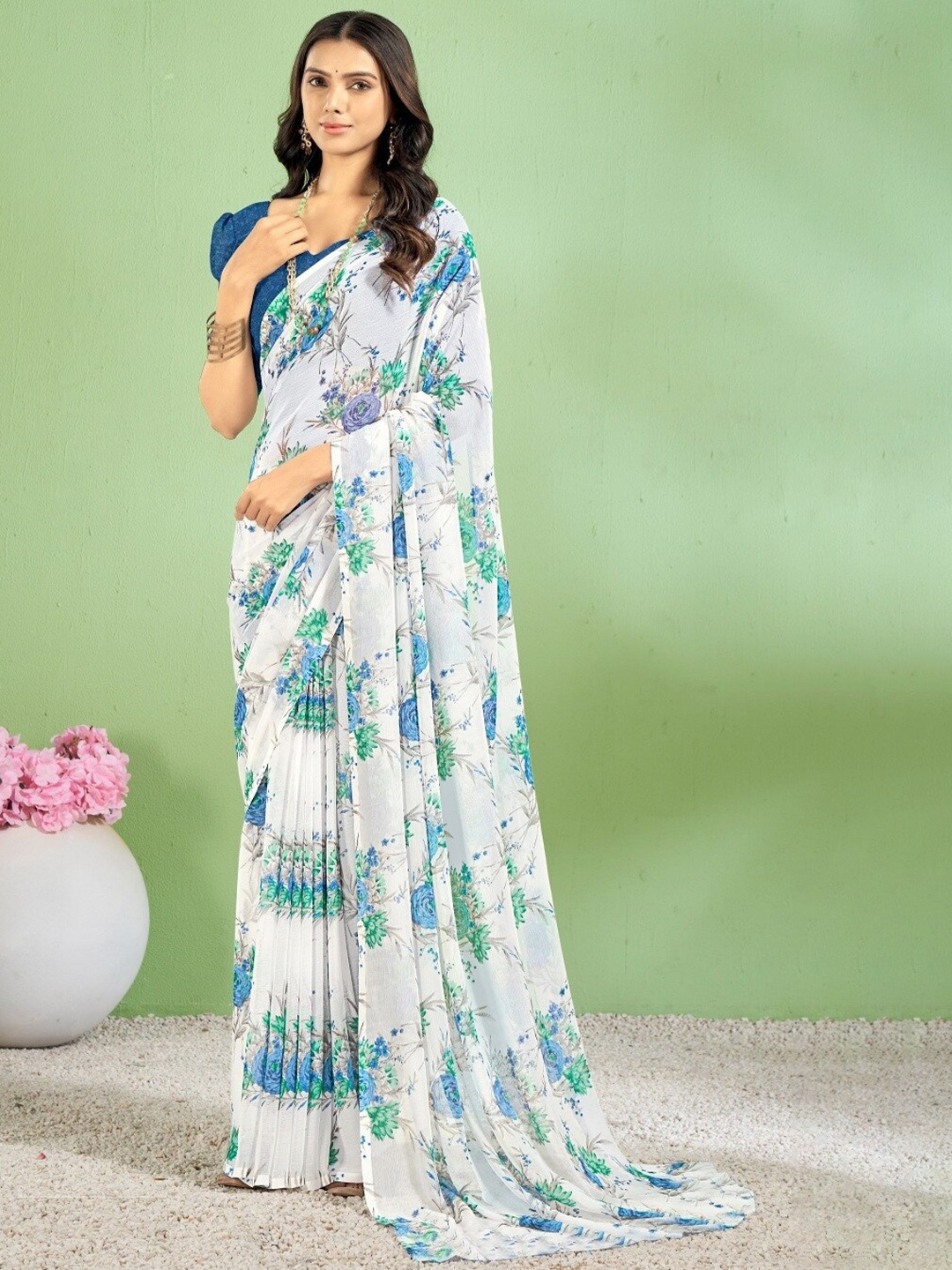

Reboot Fashions Floral Printed Pure Chiffon Saree, Off white