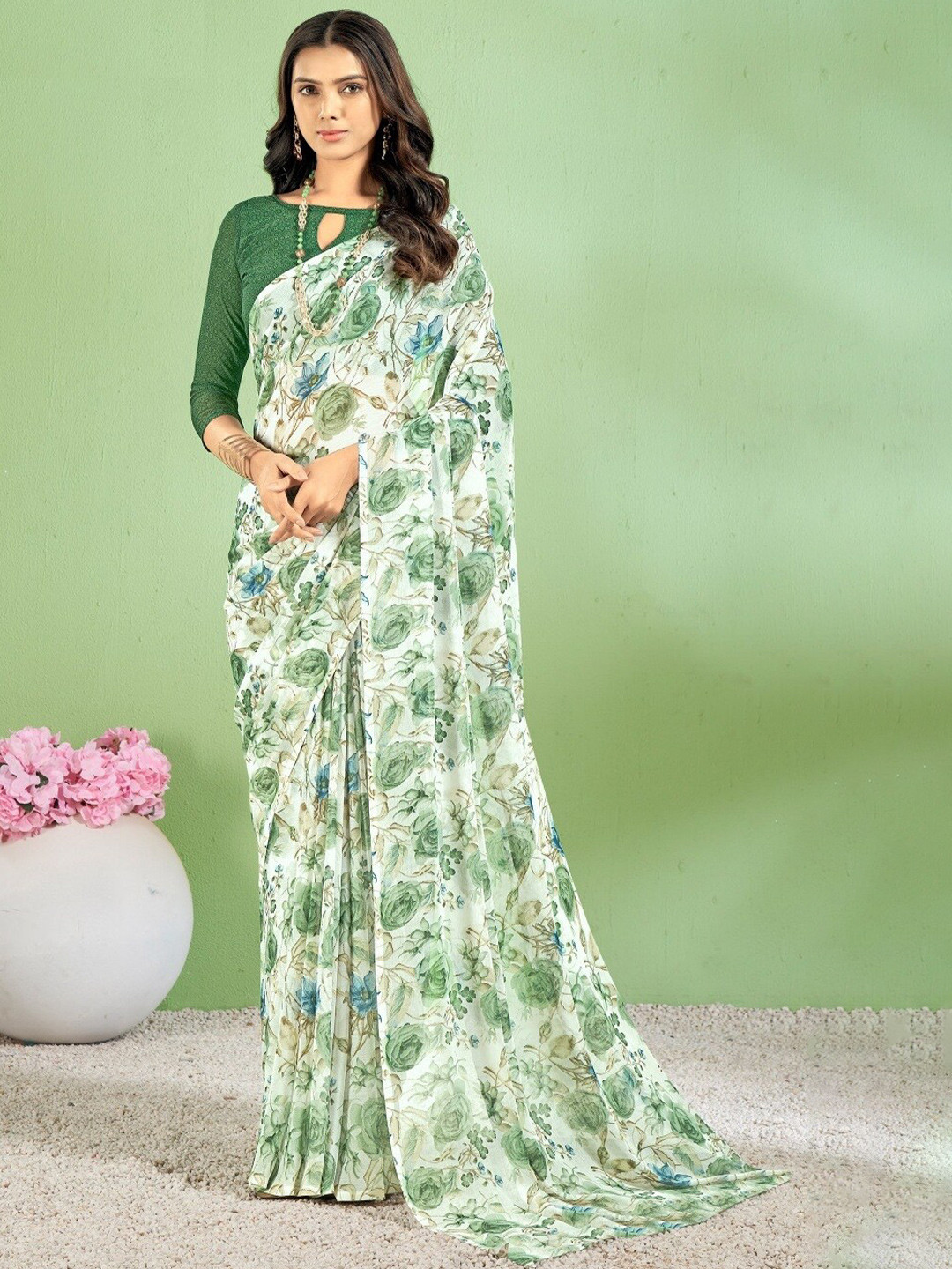 

Reboot Fashions Floral Printed Pure Chiffon Maheshwari Saree, Off white