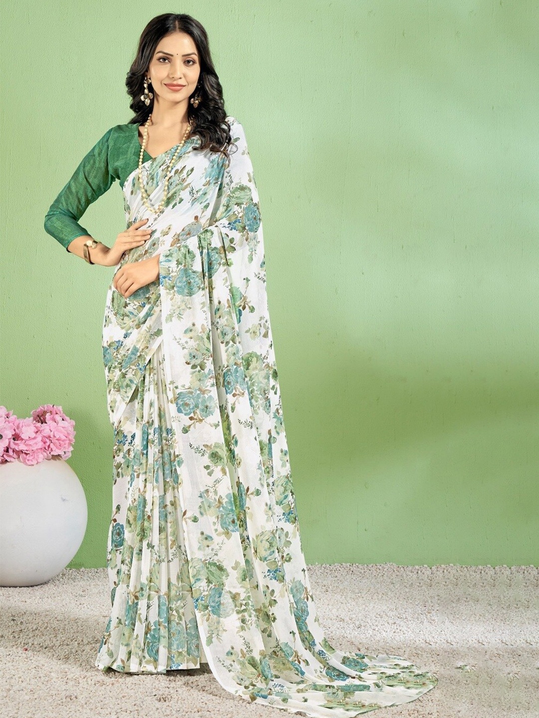 

Reboot Fashions Floral Printed Pure Chiffon Saree, Off white