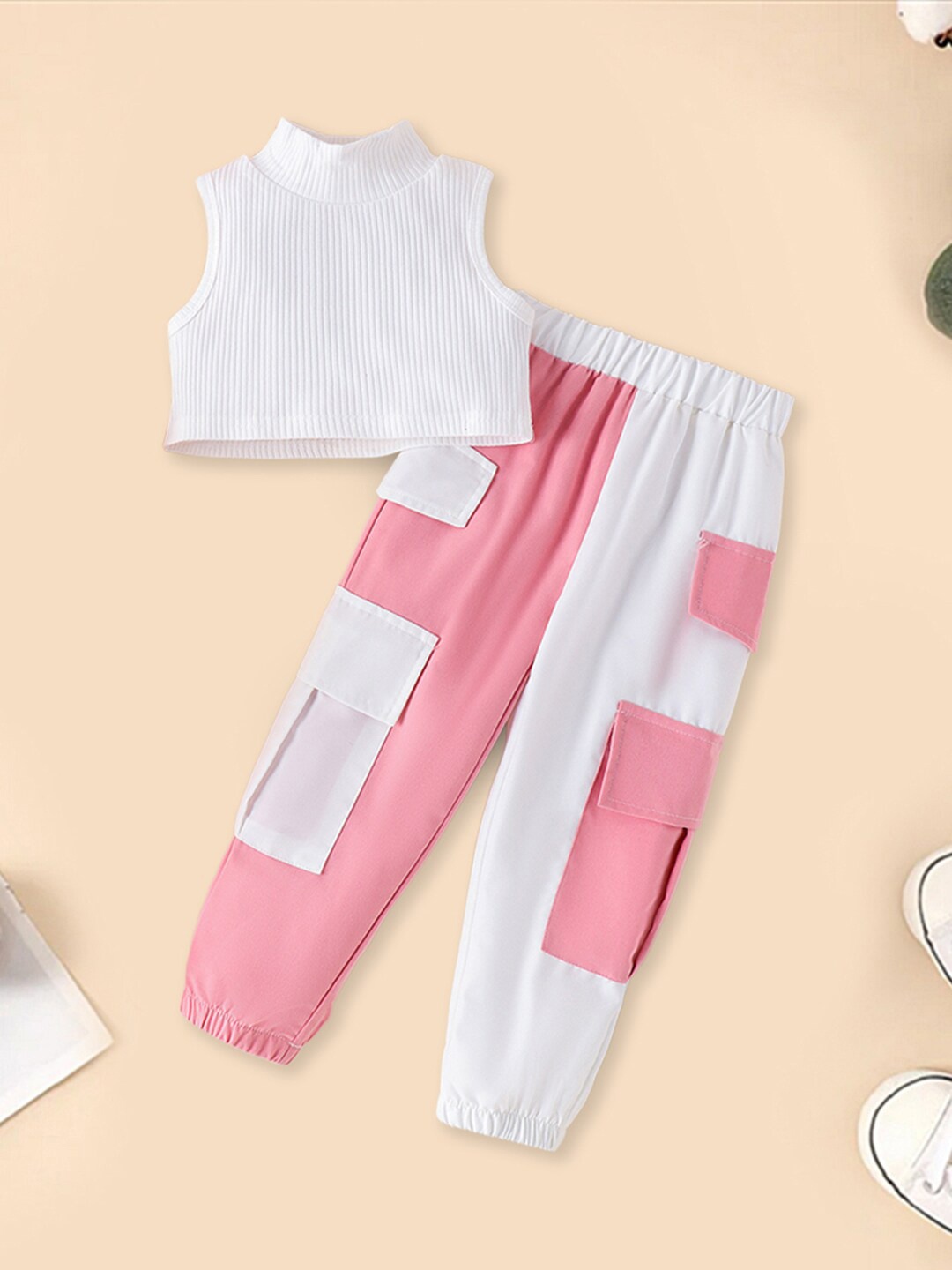 

INCLUD Girls High Neck Sleeveless Top With Colourblocked Cargo Trouser, White