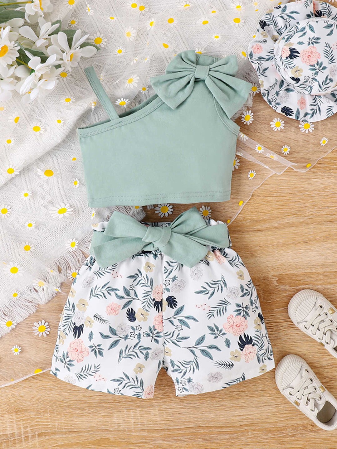 

INCLUD Girls One Shoulder Crop Length Top With Floral Printed Shorts, Green