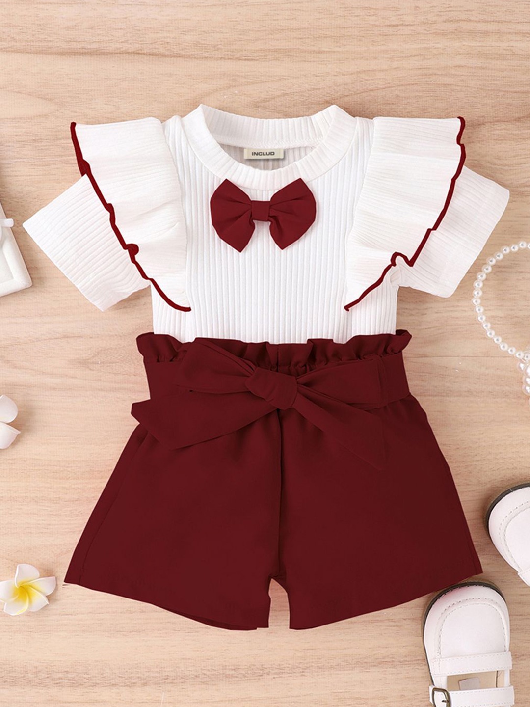 

INCLUD Girls Self Design Round Neck Short Sleeves Top With Waist Shorts Set, Red