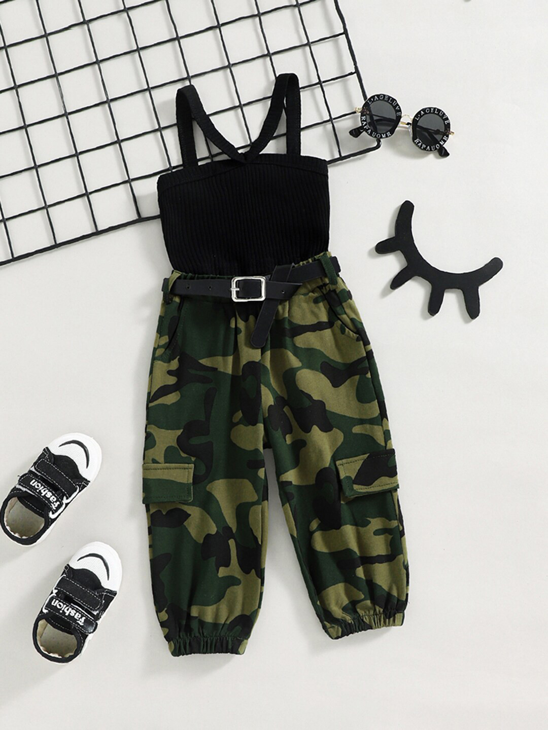 

INCLUD Girls Self Design Shoulder Straps Top With Trouser, Green