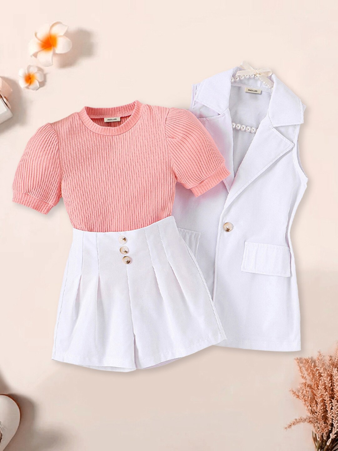 

INCLUD Girls Self Design Top With Shorts & Jacket, White