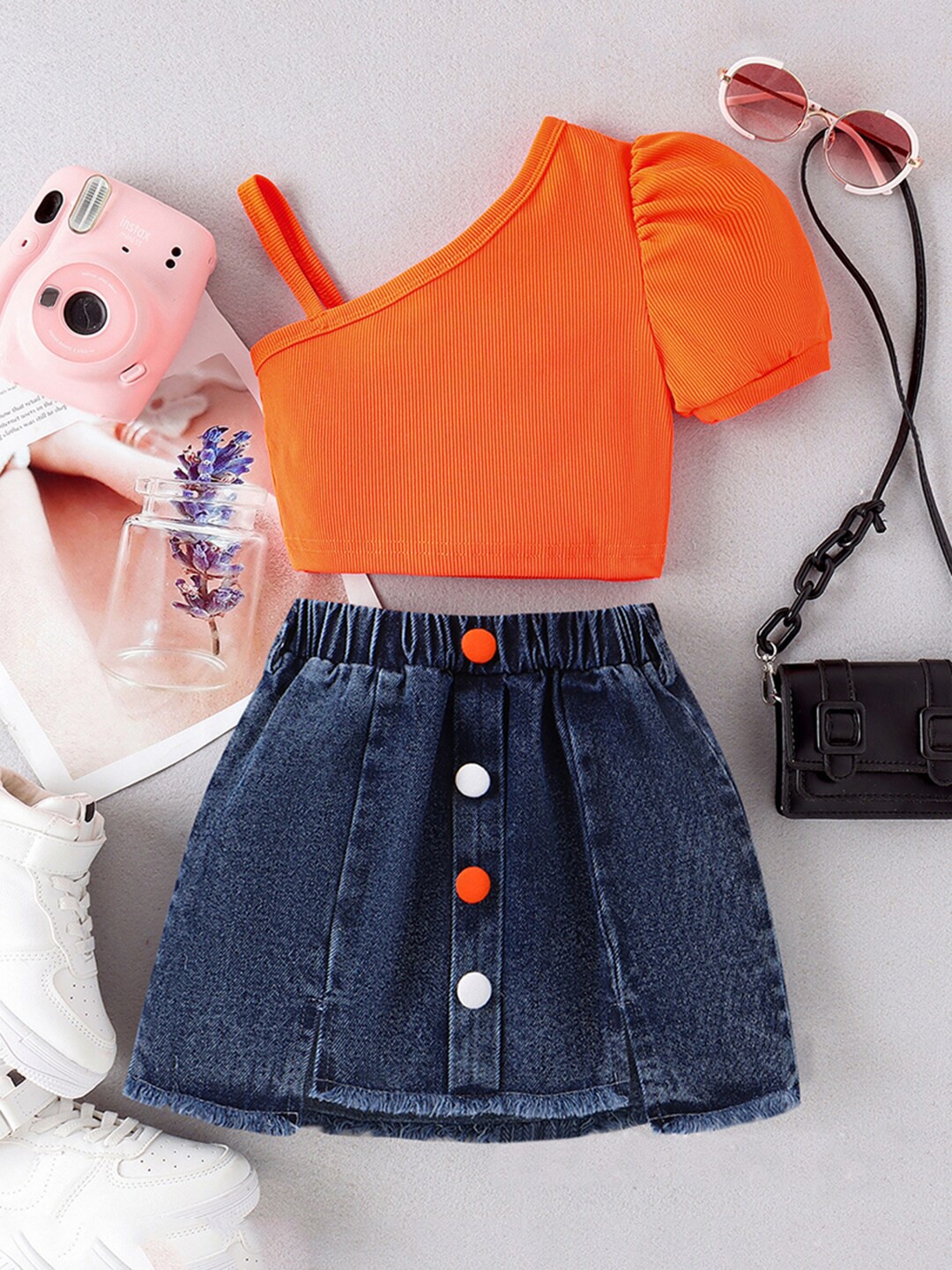 

INCLUD Girls Self Design One Shoulder Top With Denim Skirt, Orange