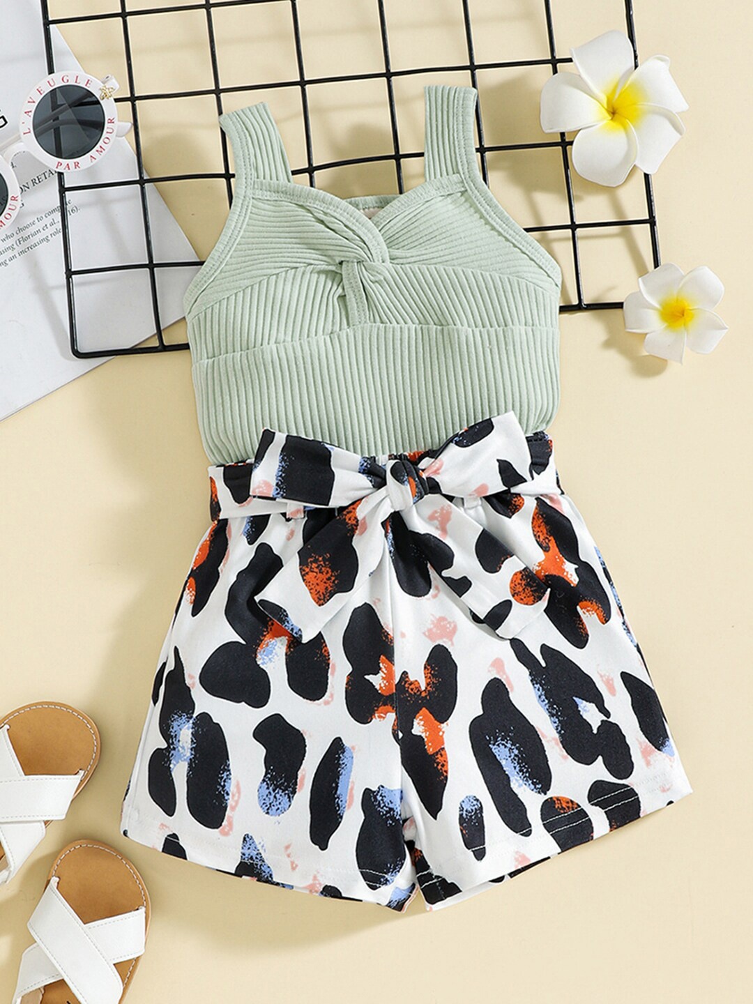 INCLUD Girls Self Design Sleeveless Top With Printed Shorts, Green