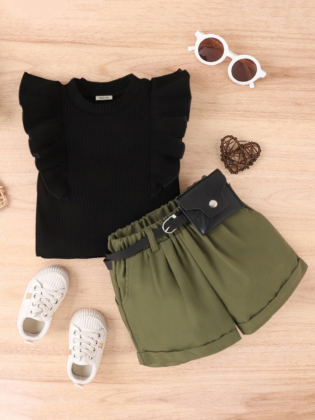 

INCLUD Girls Self Design High Neck Ruffled Top with Shorts, Black
