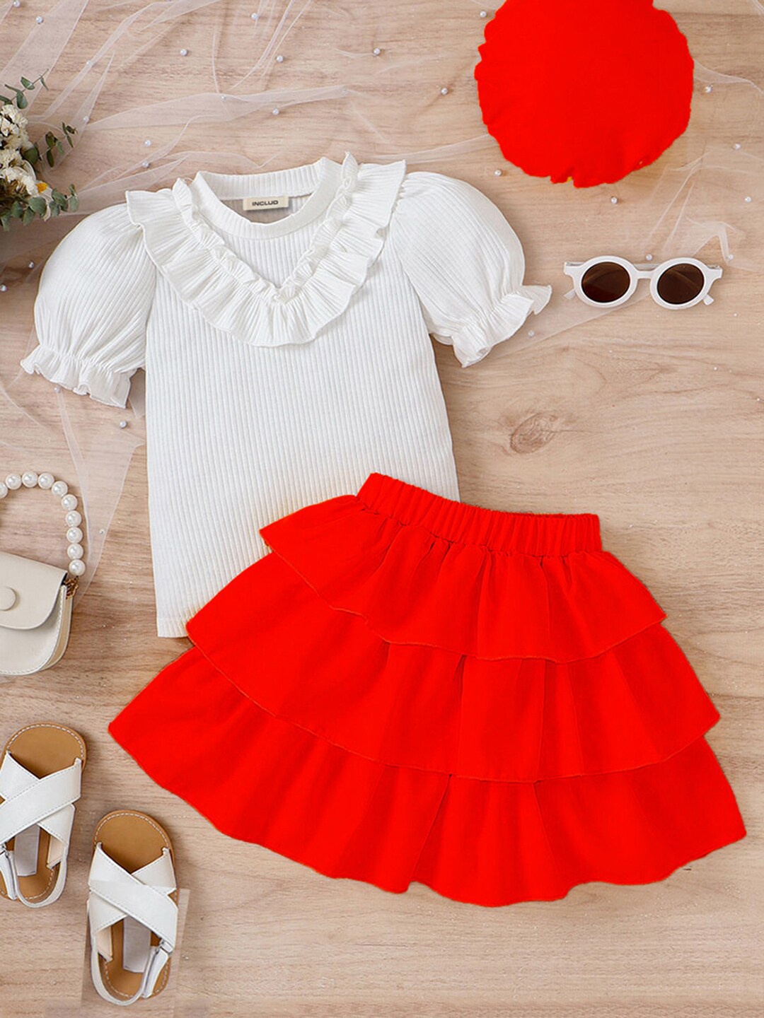 

INCLUD Girls Self Design Top With Skirt, Red