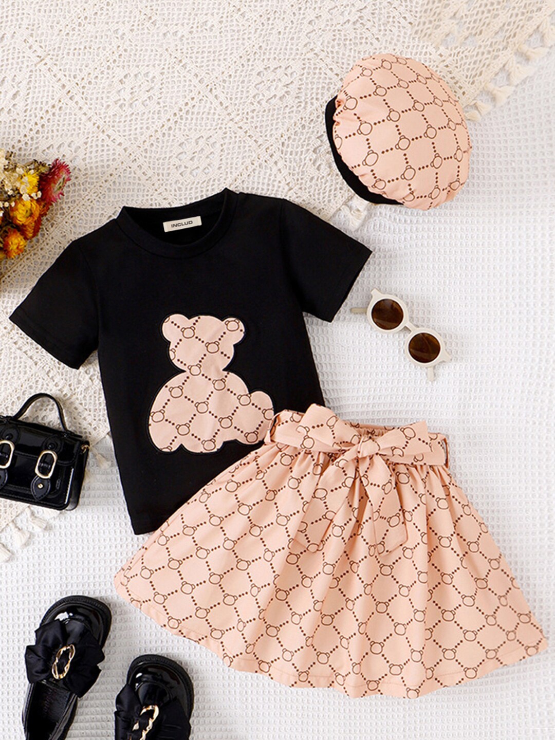 

INCLUD Girls Printed T-shirt With Skirt, Black