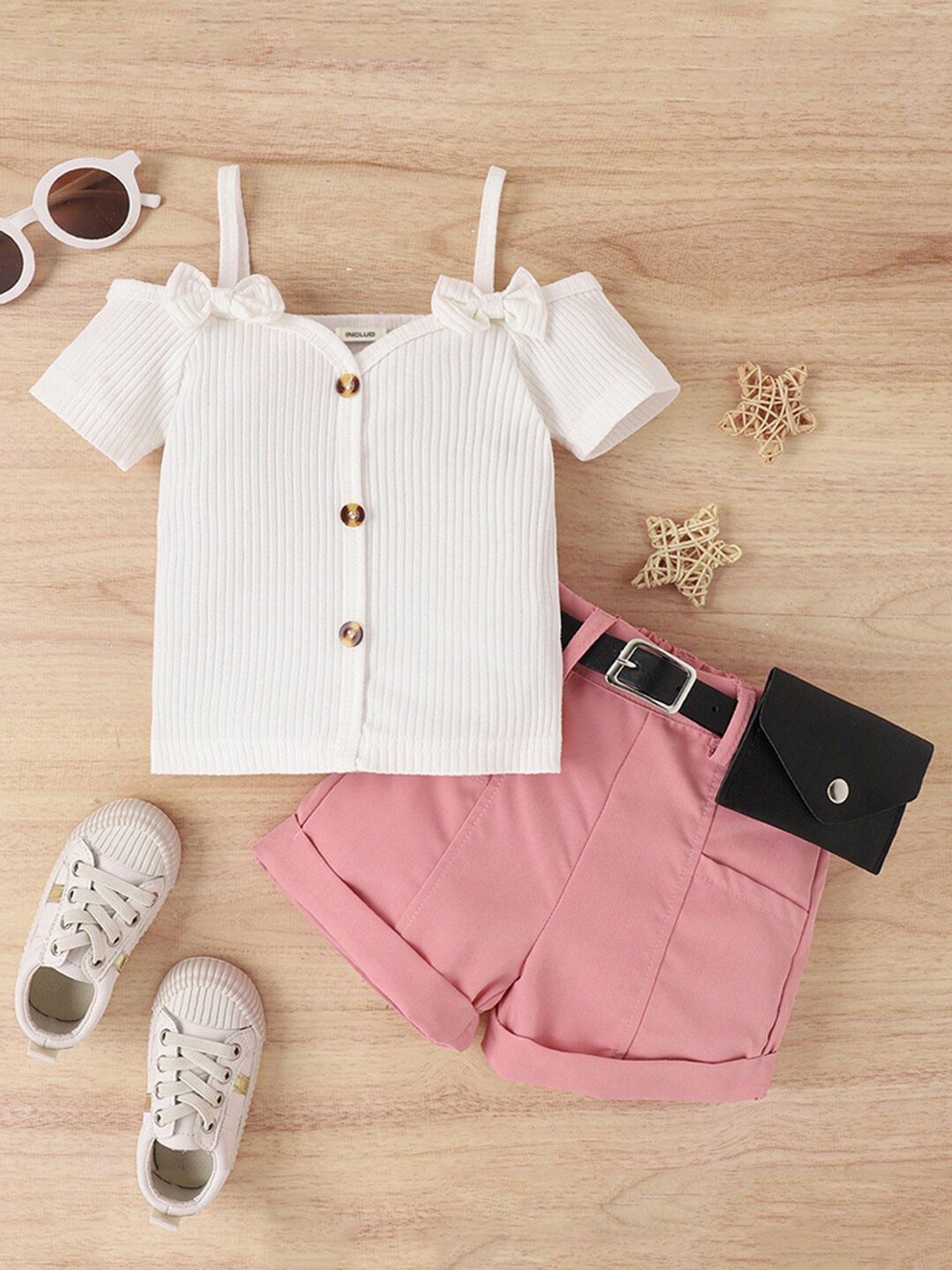 

INCLUD Girls Striped Off-Shoulder Top With Short, White