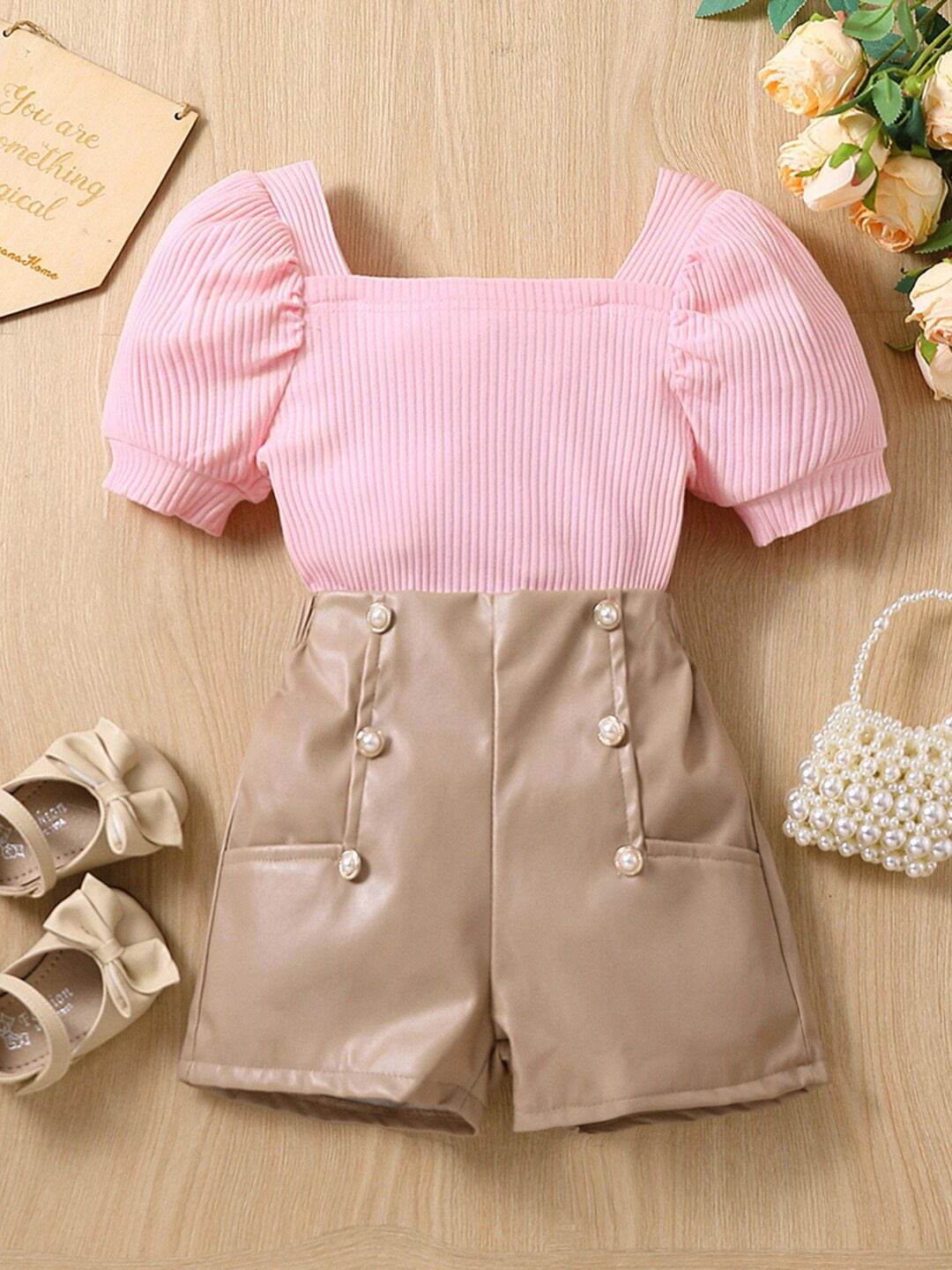 

INCLUD Girls Square Neck Top with Skirt, Pink