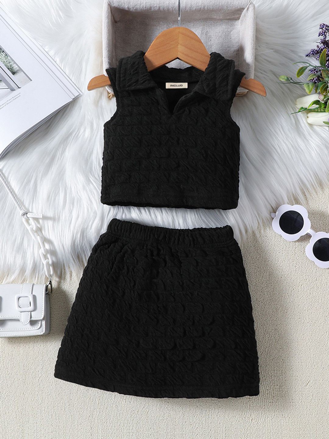 

INCLUD Girls Self Design Top With Skirt, Black