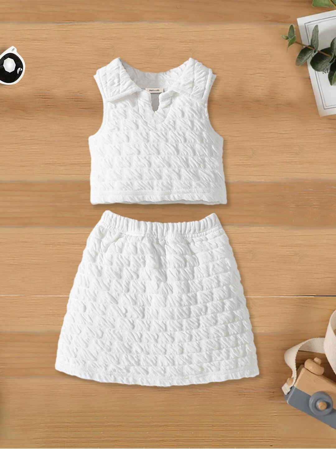 

INCLUD Girls Self Design Shirt Collar Top With Skirt, White