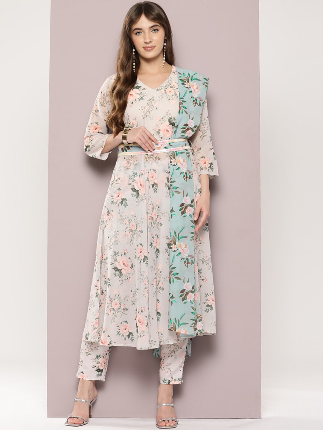 

Jompers Floral Printed V-Neck Sequinned Kurta with Trousers & Dupatta, Beige