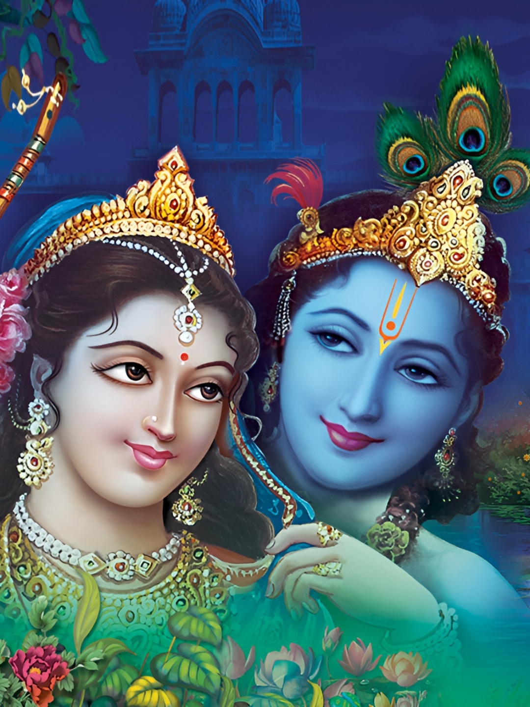 

masstone Blue & Green Radha Krishna God Religious Self Adhesive Wallpaper