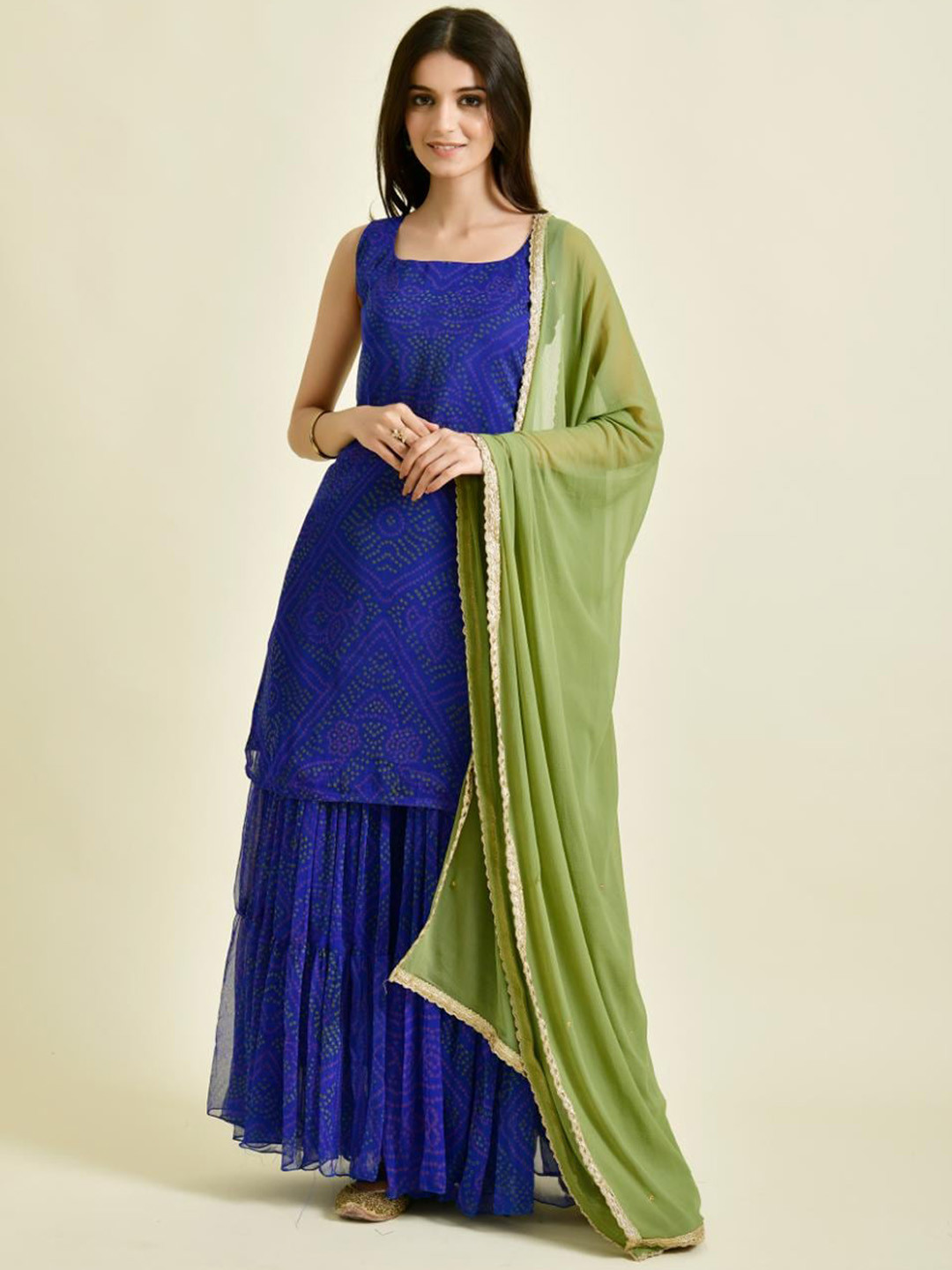 

Rangpur Bandhani Printed Regular Kurta with Sharara & With Dupatta, Blue