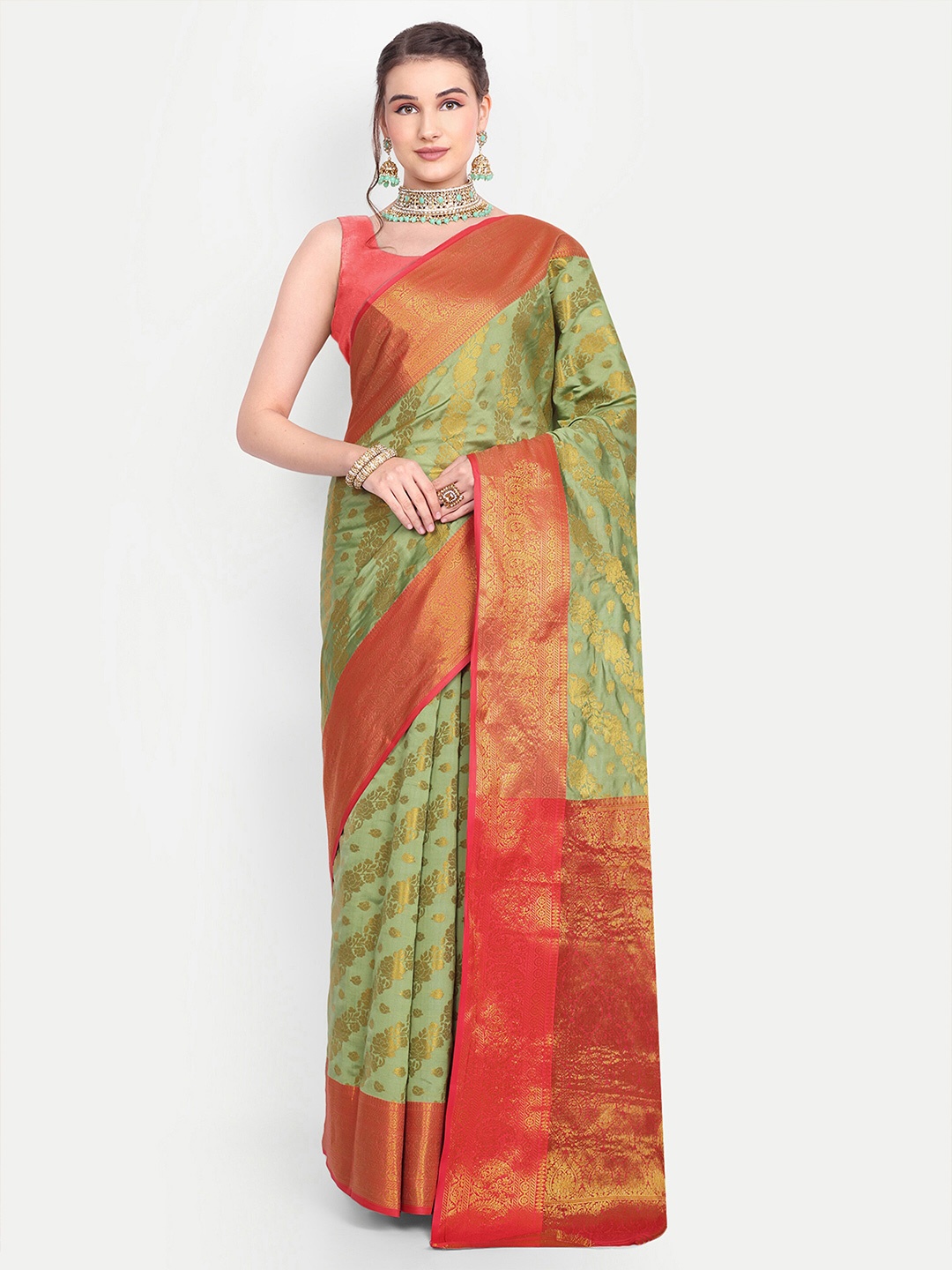 

AKSH FASHION Ethnic Motifs Zari Banarasi Saree, Sea green